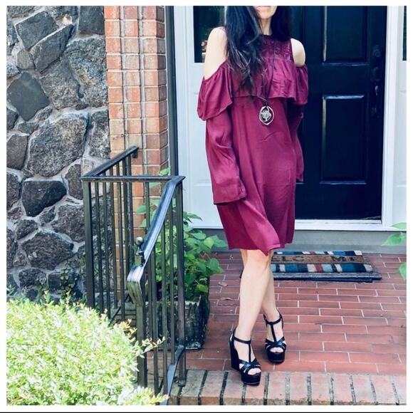 Cold Shoulder Burgundy Dress Long Sleeve Layered Ruffle Detail - Picture 4 of 9